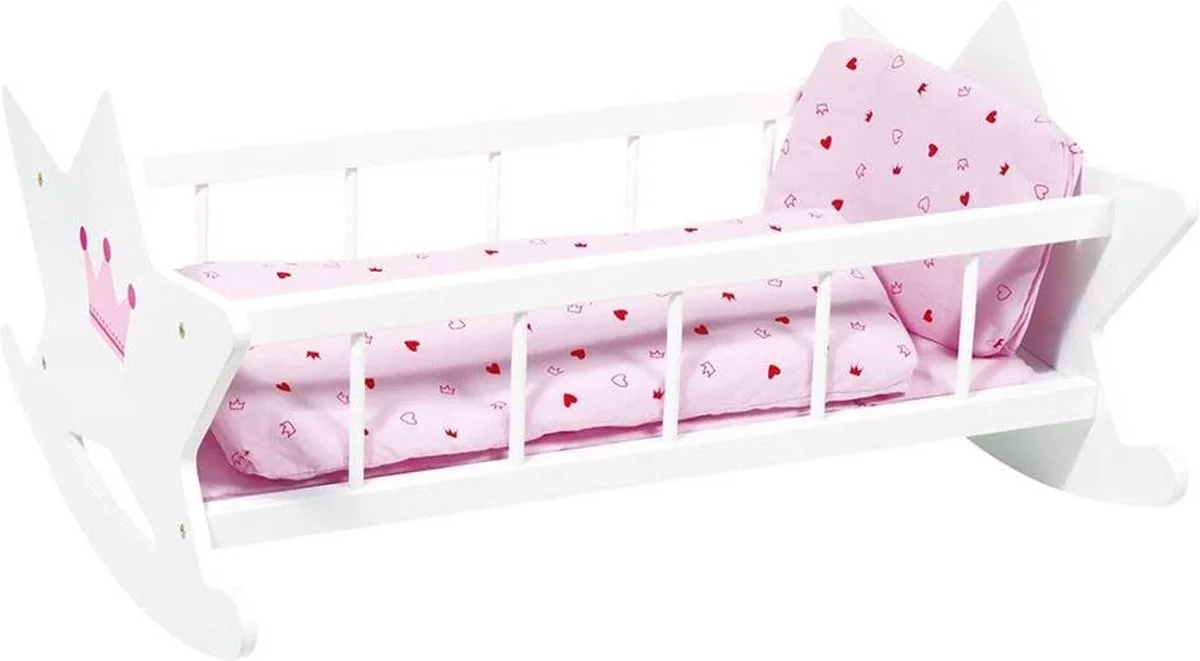 Poppenwieg met Beddengoed - Hartjes van Goki in Wit, Roze – productfoto