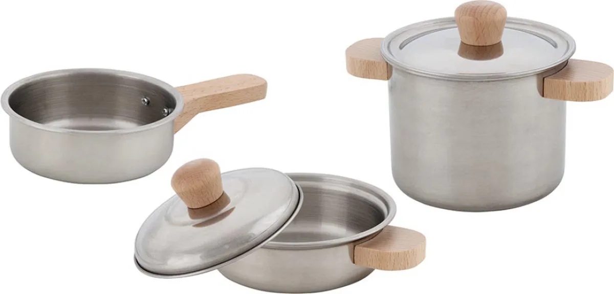 Speelgoedkeuken - Kookset - 1 Kookpot, 1 Braadpan En 1 Bakpan - Metaal En Hout - 3 Jaar de Goki en Multicolore – photo du produit