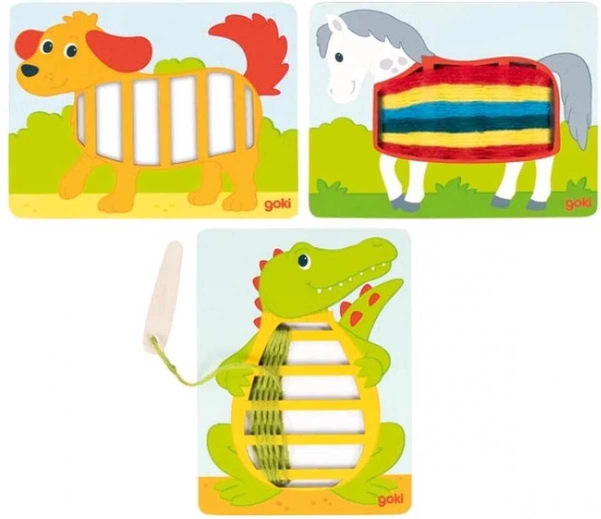 Weefpatronen - Krokodil, Hond En Paard - 7 Kleuren Wol - Creatief Spelen - 3 Jaar van Goki – productfoto
