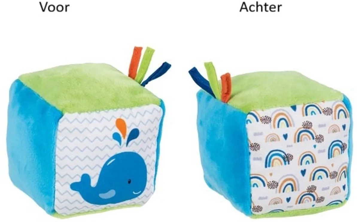 zachte kubus baby speelgoed met walvis en knisperfolie. de Goki en Multicolore – photo du produit