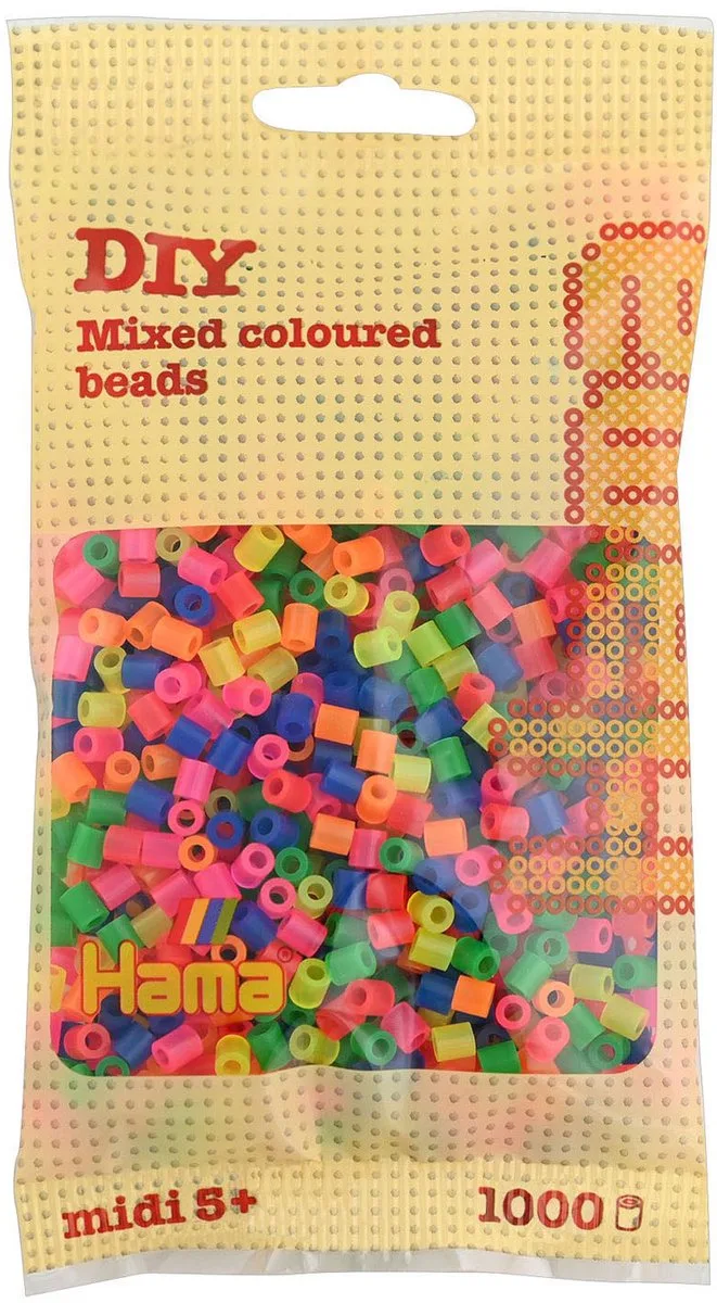 Hama midi NEON MIX FELLE KLEUREN strijkkralen, zakje met 1.000 stuks normale strijkparels (creatief knutselen met kralen / hama beads, schoencadeau / Sint & Kerstmis!) by Hama Beads in Fluoriserend – product photo