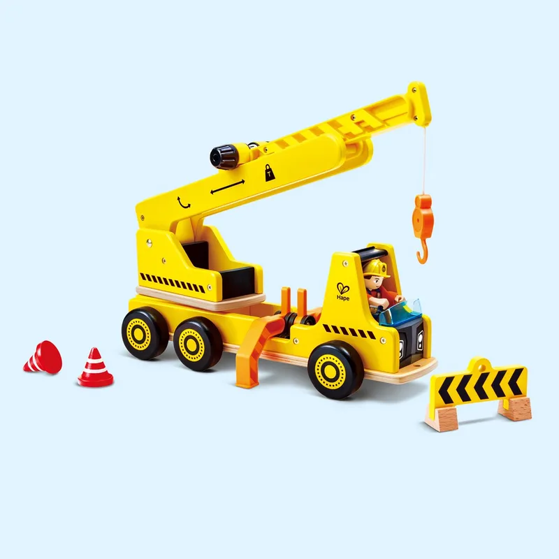 Mobiele Kraan & Bouwplaats Speelset - Rollenspel Speelgoed voor Peuters vanaf 2 Jaar, 9-delig by Hape in Yellow – product photo