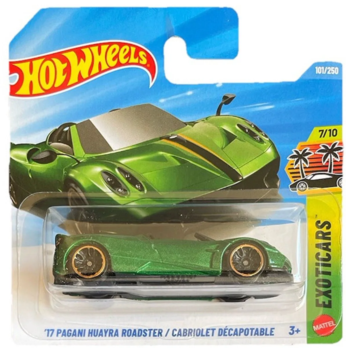 '17 PAGANI HUAYRA ROADSTER CABRIOLET DÉCAPOTABLE 101/250 HW EXOTICARS 7/10 SHORT CARD 2026 van Hot Wheels in Green metalic – productfoto
