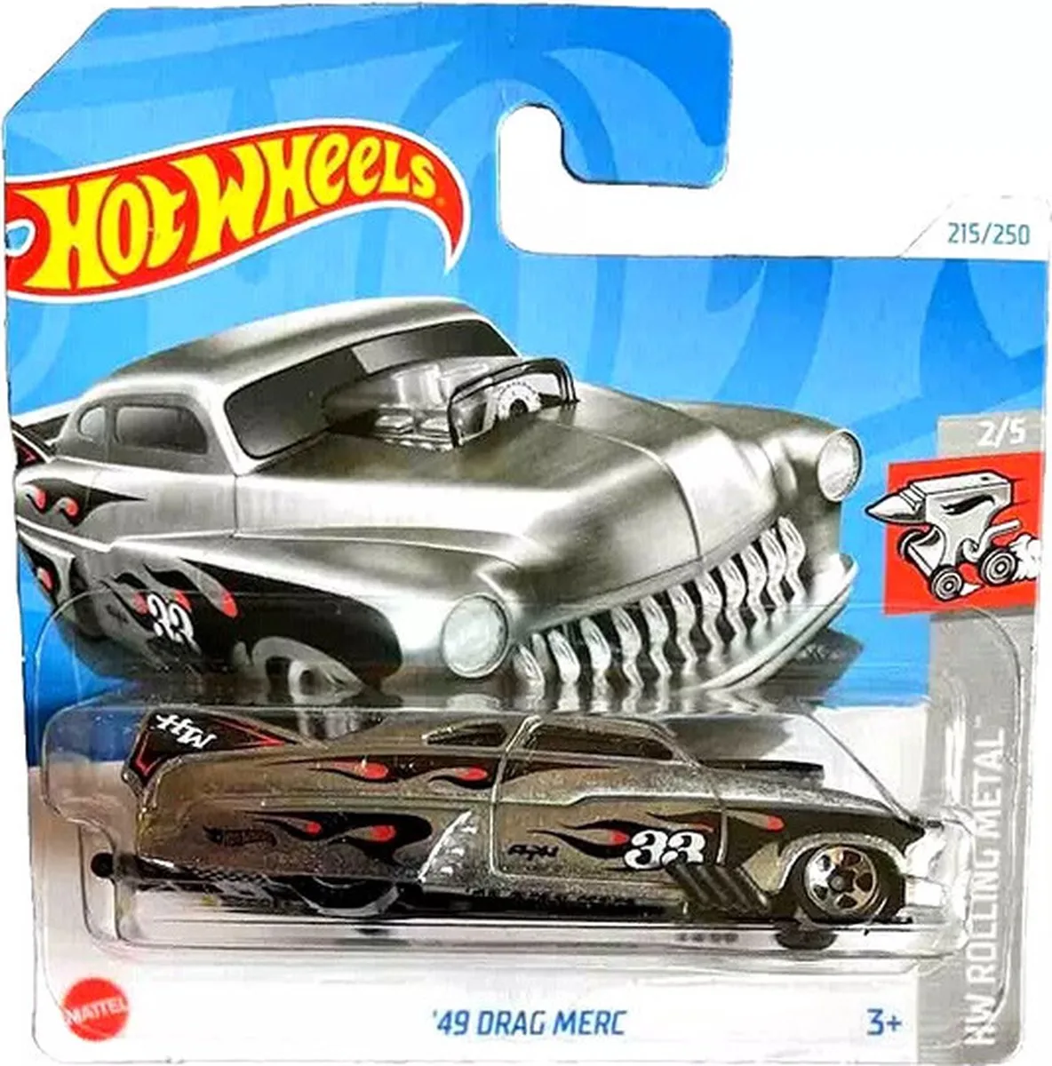 '49 DRAG MERC 33 215/250 ZILVER/FLAME 1:64 HW ROLLING METAL 2/5 SHORT CARD 2024 by Hot Wheels in Silver, Flame – product photo