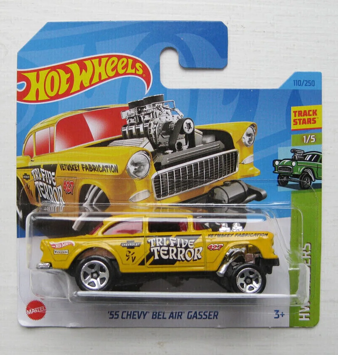'55 CHEVY BEL AIR GASSER YELLOW 110/250 (1:64) HW GASSERS 1/5 van Hot Wheels in Blauw – productfoto
