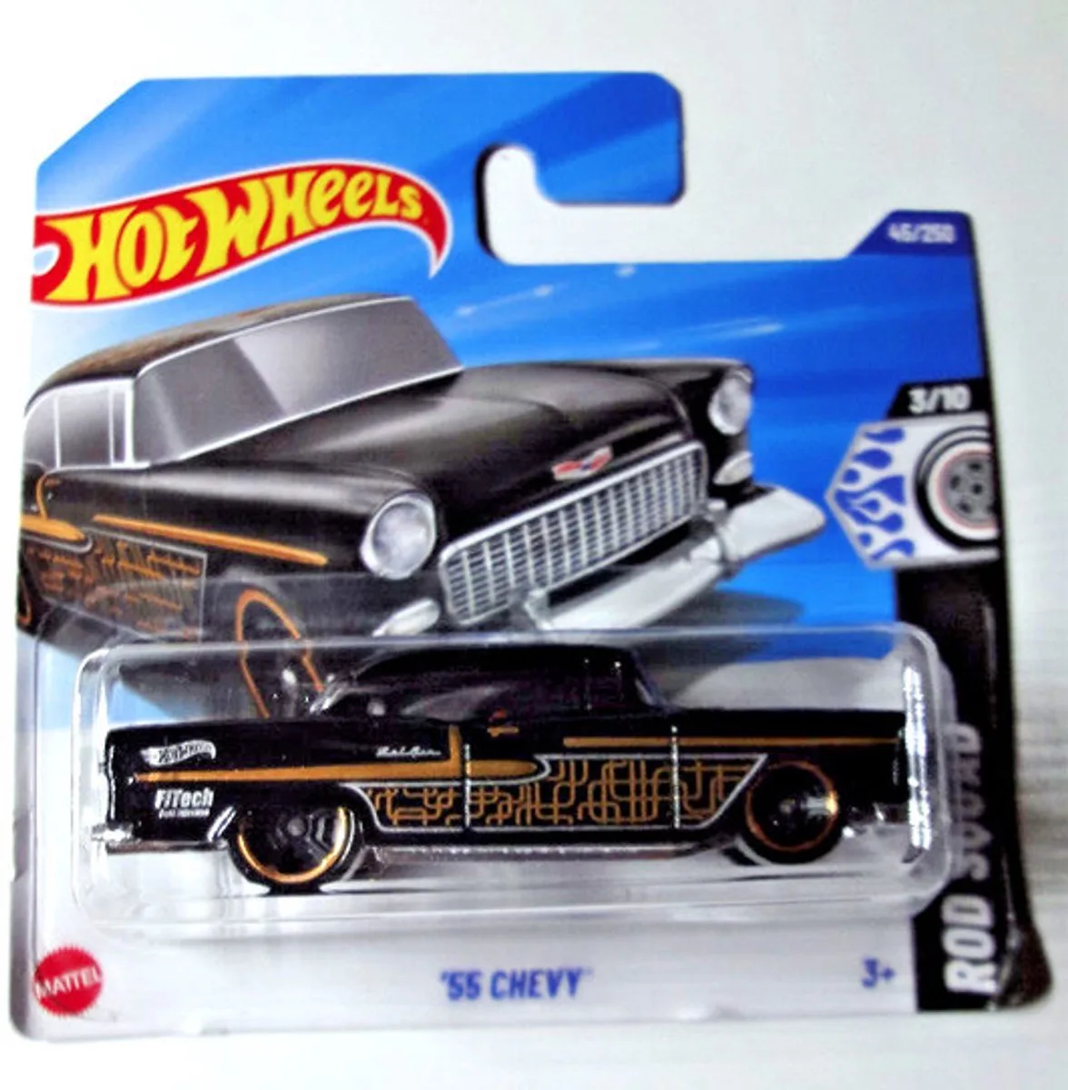 '55 CHEVY BLACK/GOLD 45/250 1:64 HW ROD SOUAD 3/10 van Hot Wheels in Black gold – productfoto