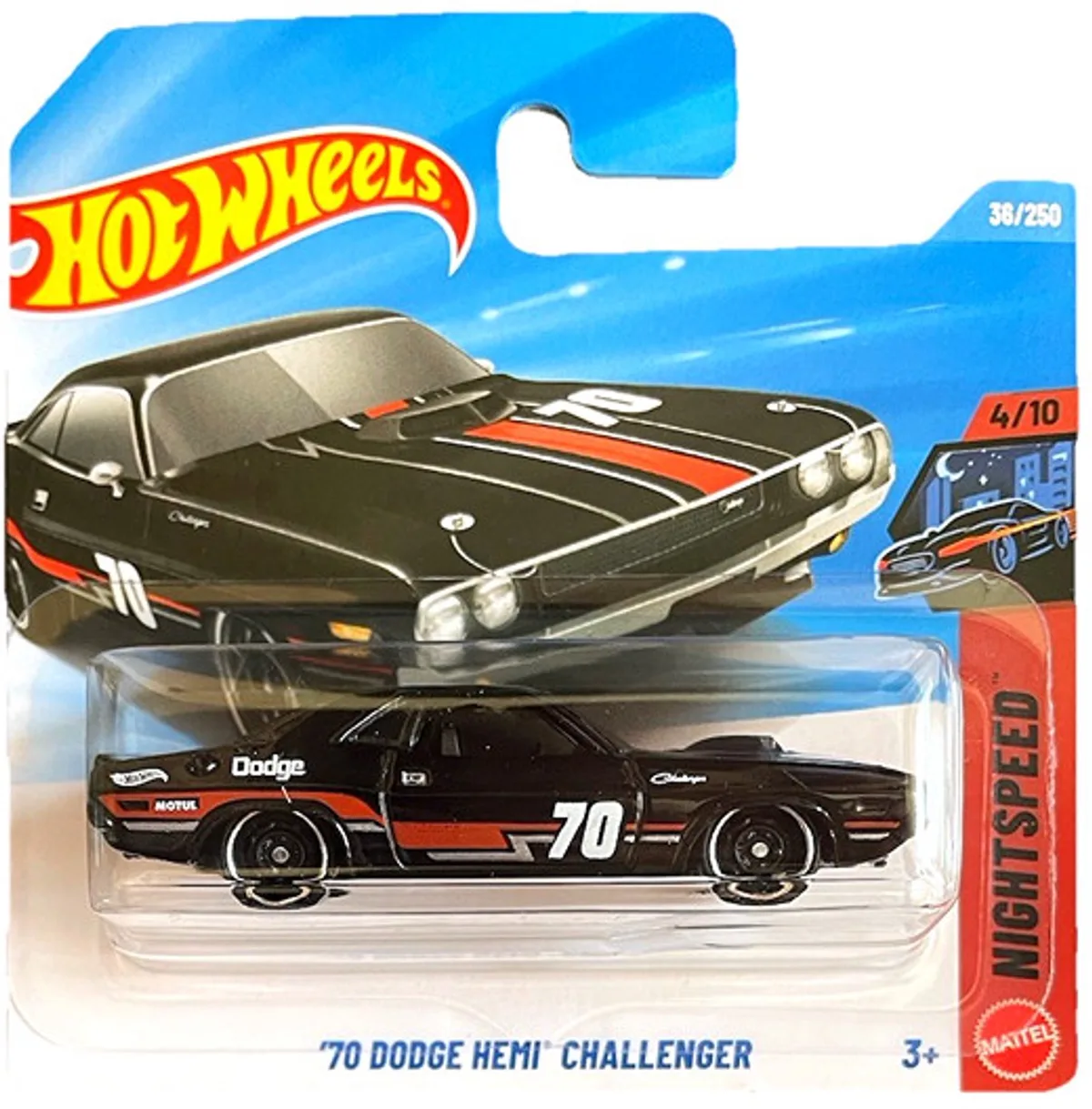 '70 DODGE HEMI CHALLENGER 70 BLACK/RED 36/250 HW NIGHTSPEED 4/10 SHORT CARD 2026 van Hot Wheels in Black red – productfoto