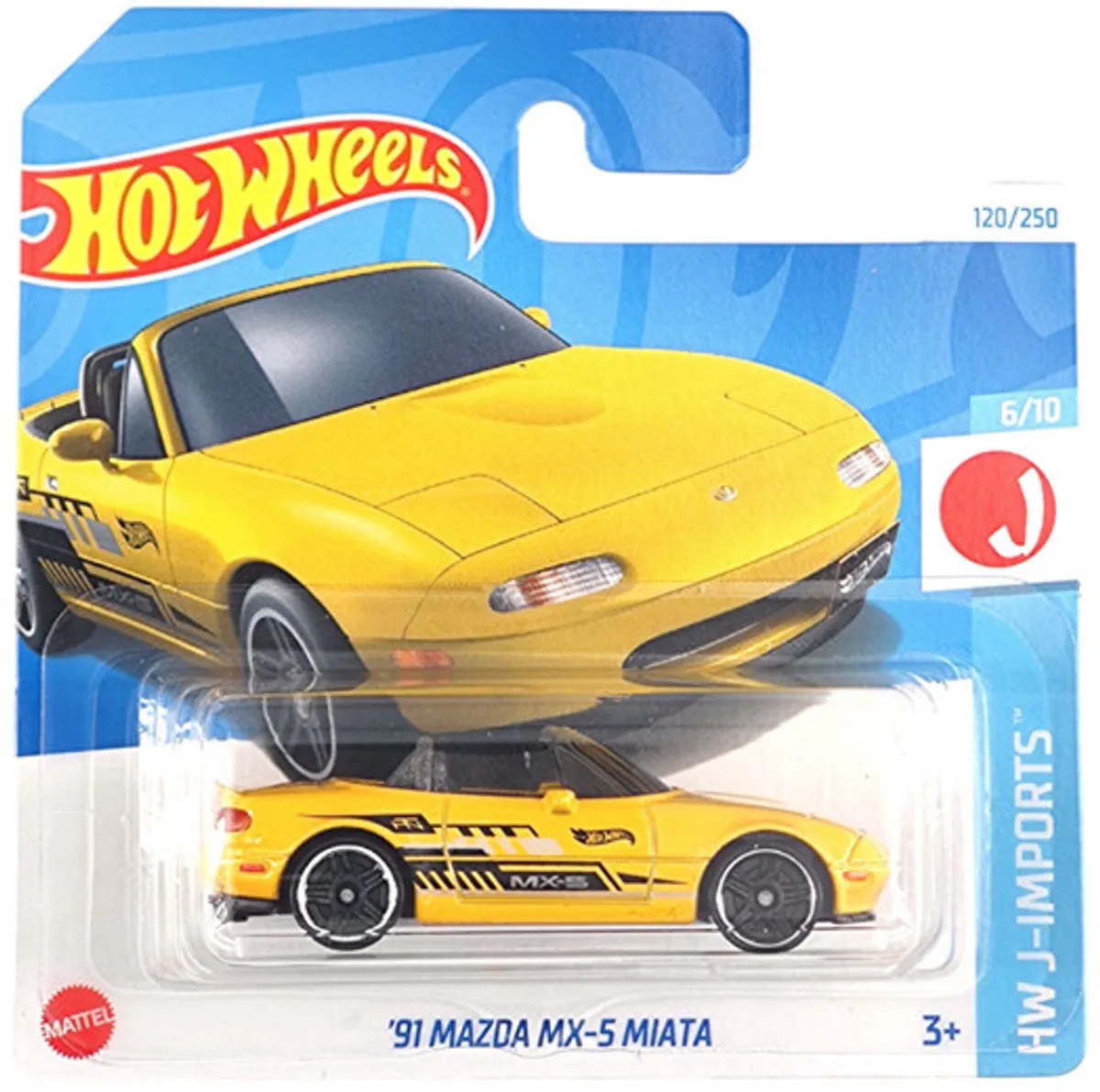 '91 MAZDA MX-5 MIATA 120/250 1:64 HW J-IMPORTS 6/10 SHORT CARD van Hot Wheels in Geel – productfoto
