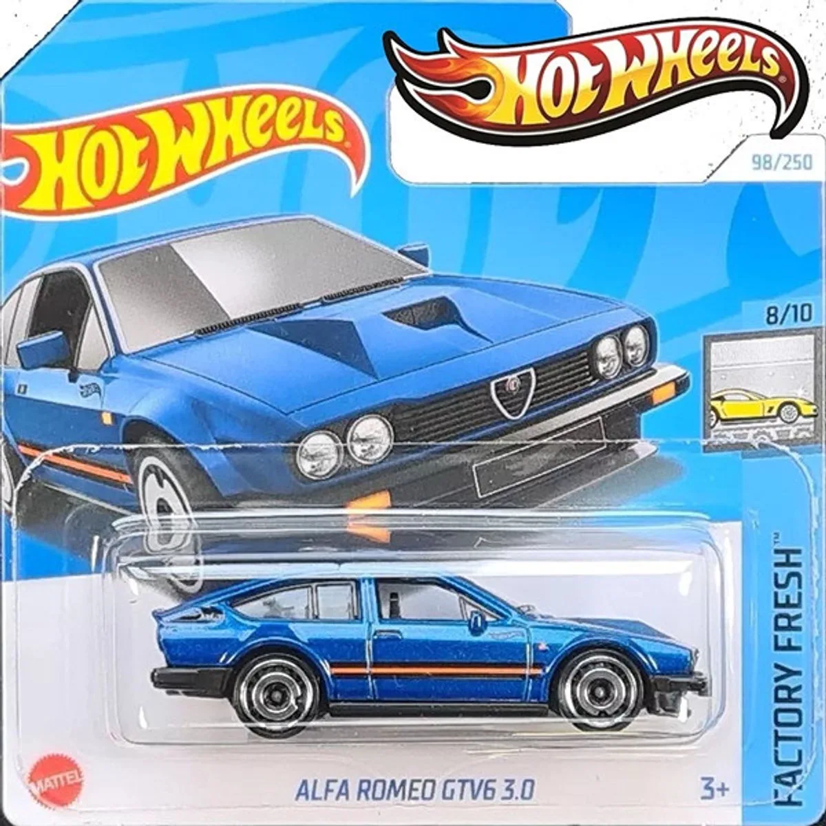 ALFA ROMEO GTV6 3.0 98/250 (1:64) HW FACTORY FRESH 8/10 SHORT CARD van Hot Wheels in Metalic blue – productfoto