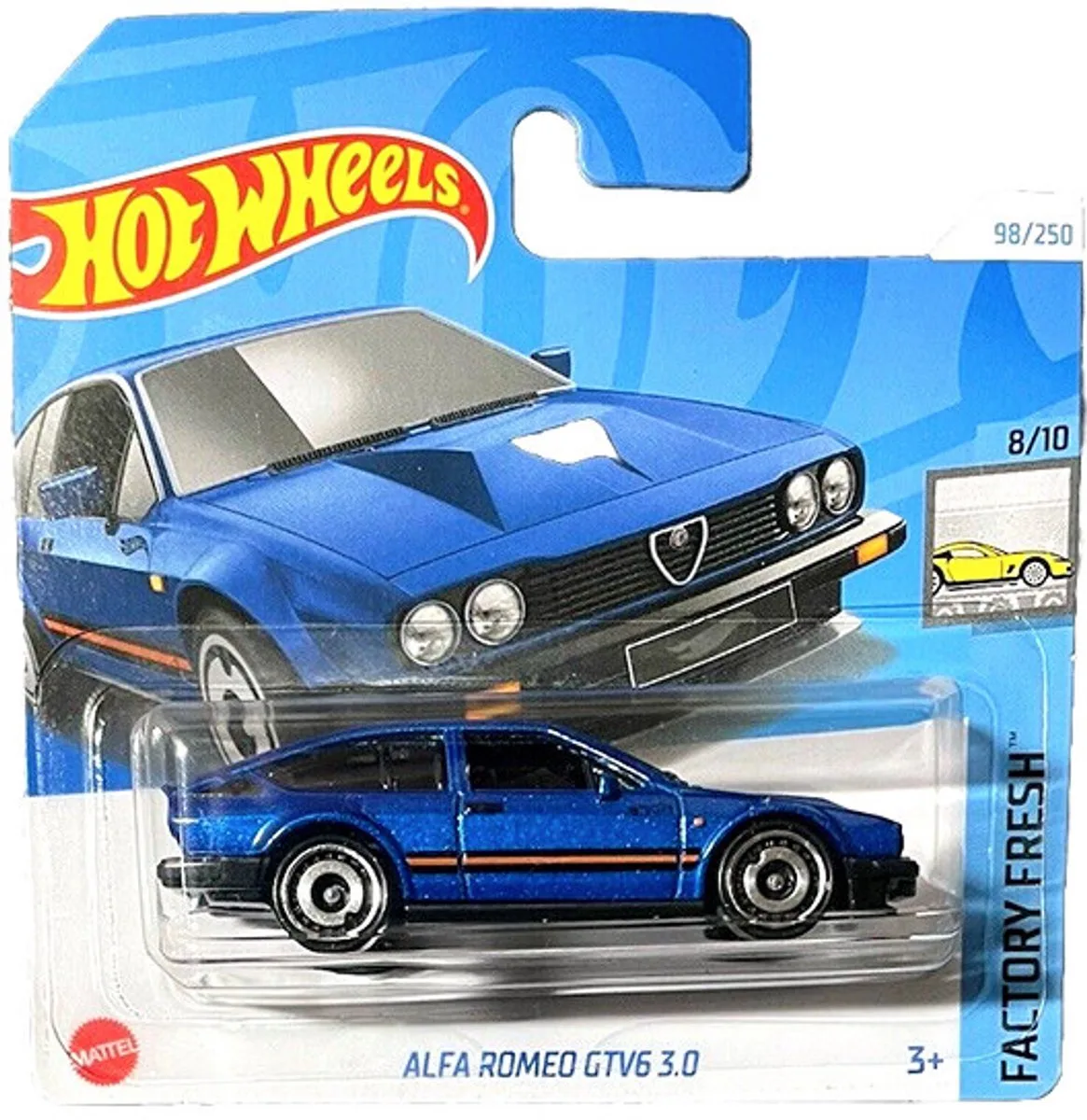 ALFA ROMEO GTV6 3.0 98/250 (1:64) HW FACTORY FRESH 8/10 SHORT CARD från Hot Wheels i Blå – produktbild