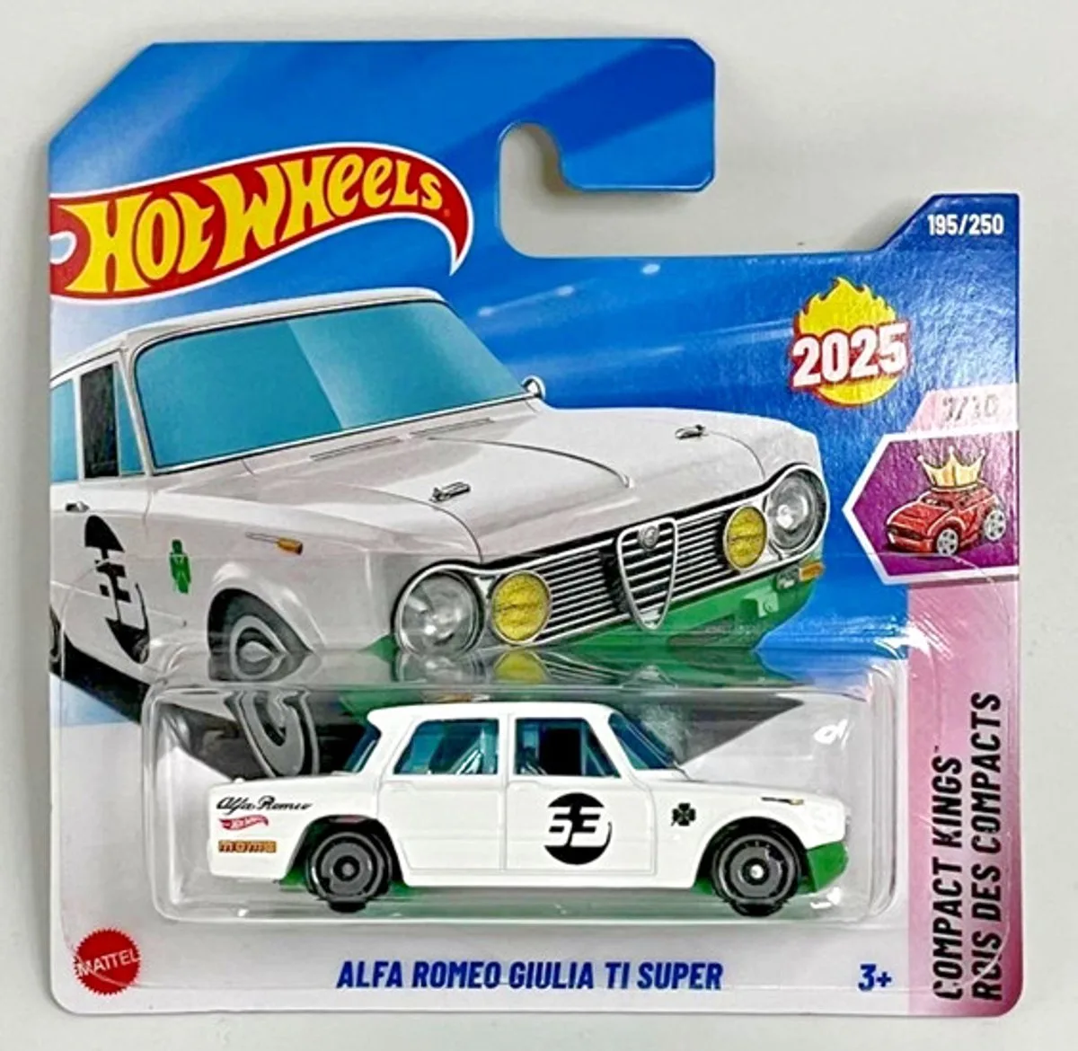 ALFA ROMEO GUILIA TI SUPER 63 WHITE 195/250 HW COMPACT KINGS 7/10 SHORT CARD 2025 von Hot Wheels in White 63 – Produktfoto