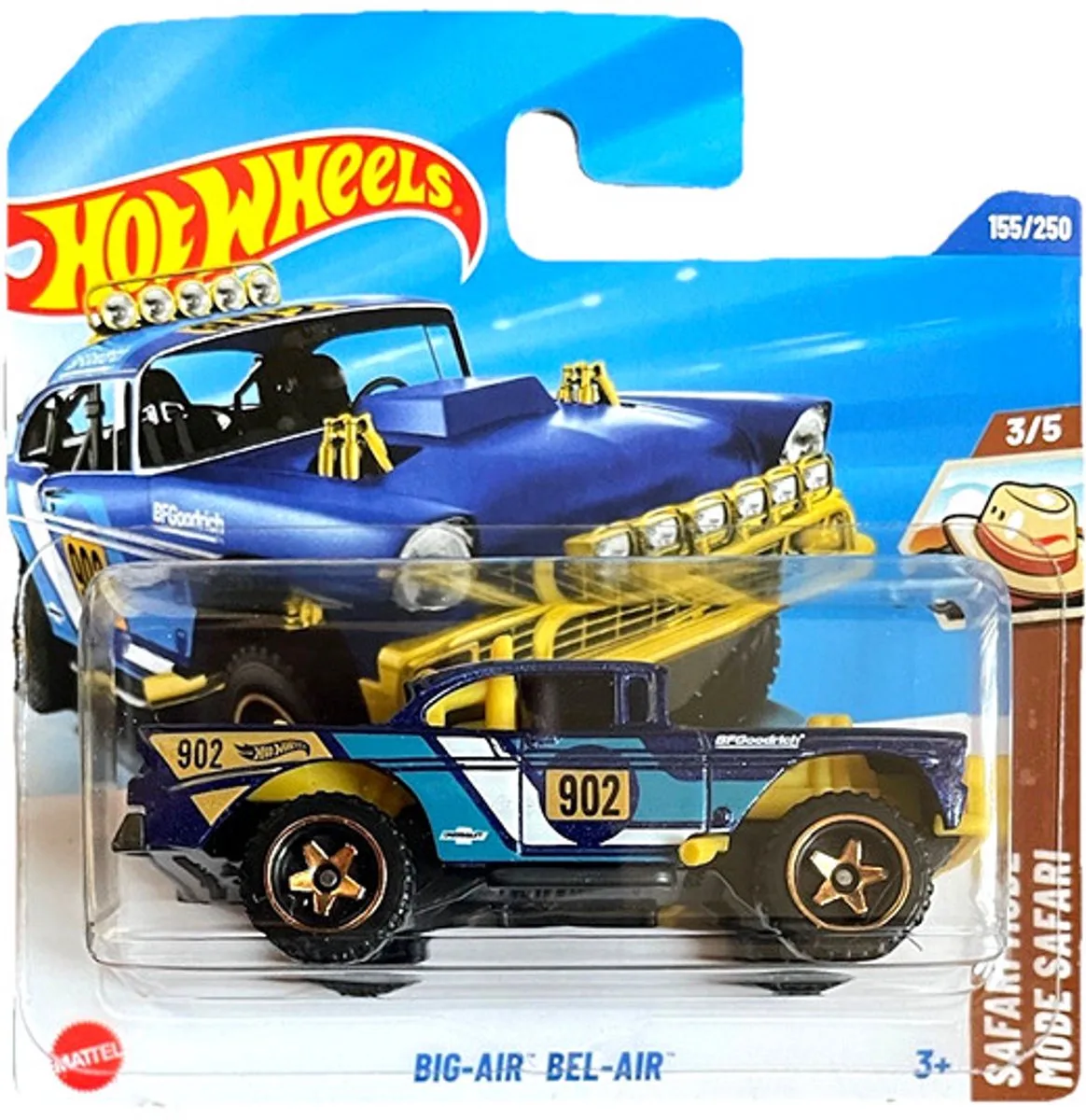 BIG AIR BEL AIR 902 BLUE YELLOW 155/250 HW SAFARI MODE 3/5 SHORT CARD 2025 van Hot Wheels in Blue yellow 902 – productfoto