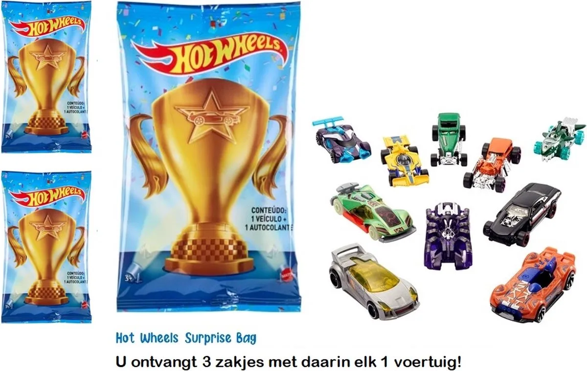 Blind Bags autootjes - 3 Surprise voertuigen - Voordeelbundel - Die Cast - 6 cm groot by Hot Wheels – product photo