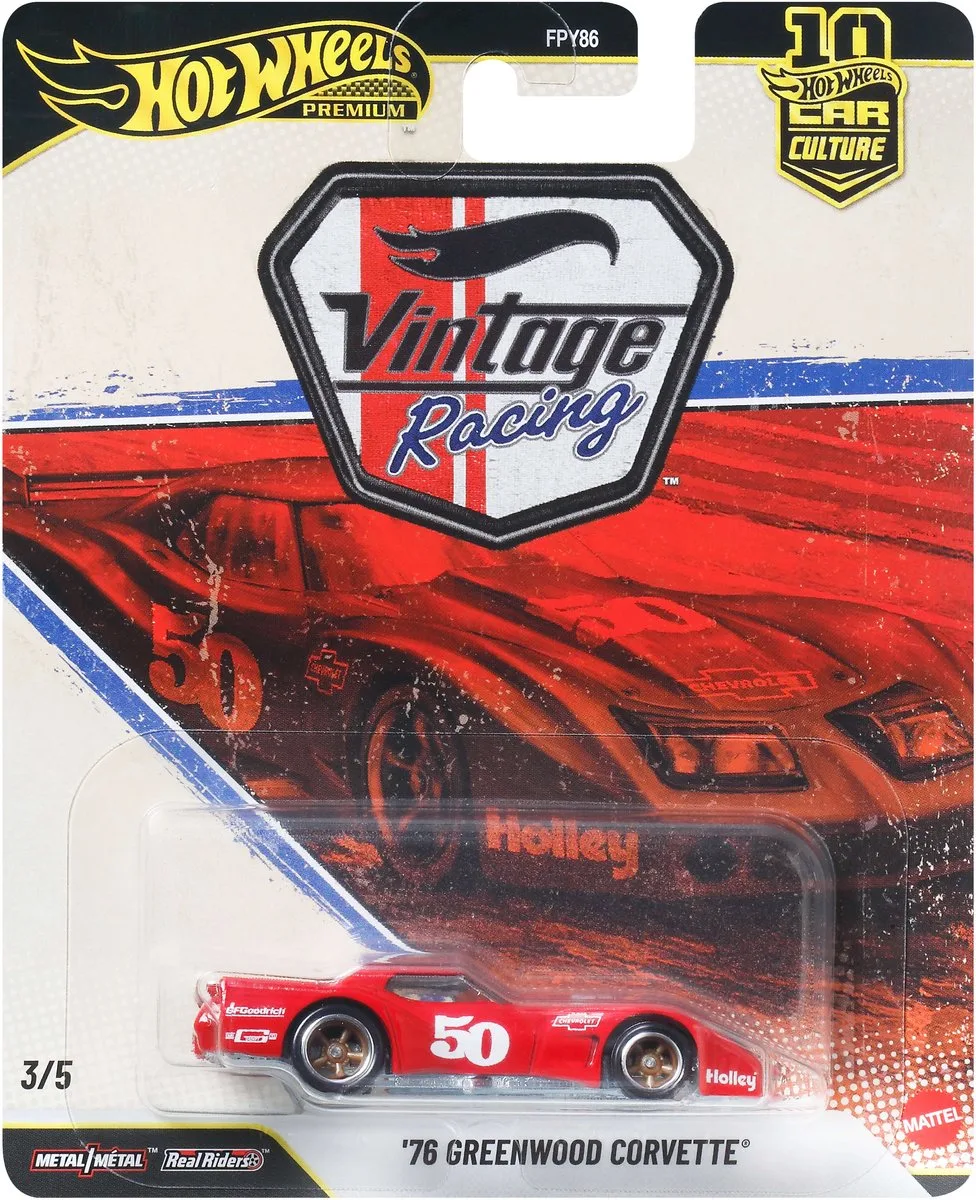 Car Culture Premium, metalen speelgoed, '76 Greenwood Corvette op schaal 1:64, Vintage Racing fra Hot Wheels i Flerfarvet – produktbillede