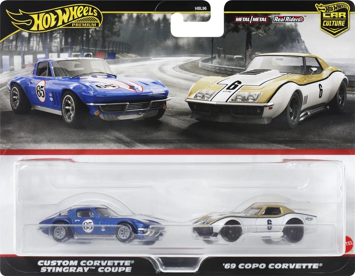 Chevrolet 2 pack Custom Corvette Stingray en Copo Corvette | 1:64 HotWheels HRR80 van Hot Wheels in Blauw, Wit – productfoto