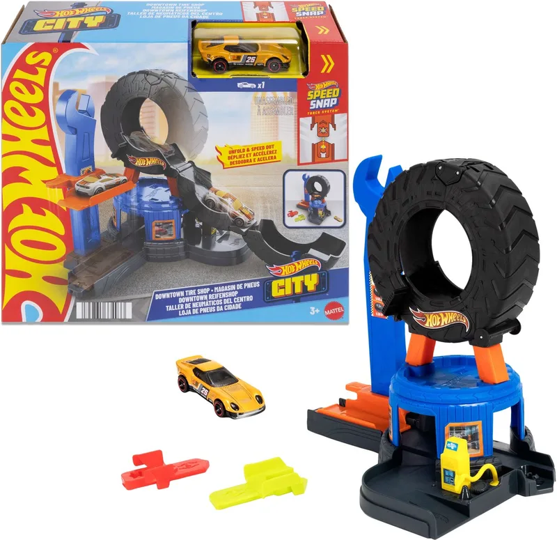 City Centrum Bandenwerkplaats - Speelset en speelgoedauto - Geschikt voor het snel-klik-baansysteem från Hot Wheels i Flerfärgad – produktbild