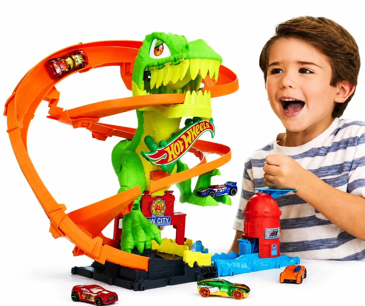City - Inclusief 1 Auto - Speelgoed vanaf 4 Jaar - Speelgoed Auto’s - Speelgoed Autos Jongens - Autootjes - Hotweels van Hot Wheels in Gevecht met T-Rex Racebaan – productfoto