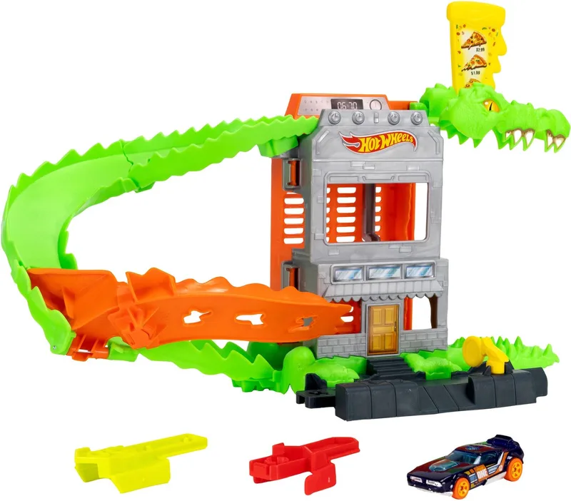 City Krokodillenpizza Aanval - Speelset en speelgoedauto - Geschikt voor het snel-klik-baansysteem de Hot Wheels en Multicolore – photo du produit