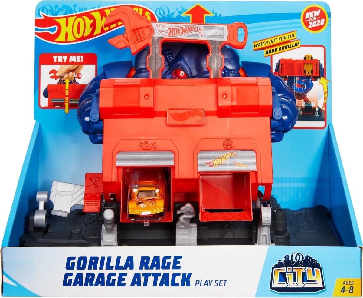 City - Razende Gorilla Garage-aanval Speelset von Hot Wheels in Dunkelblau – Produktfoto