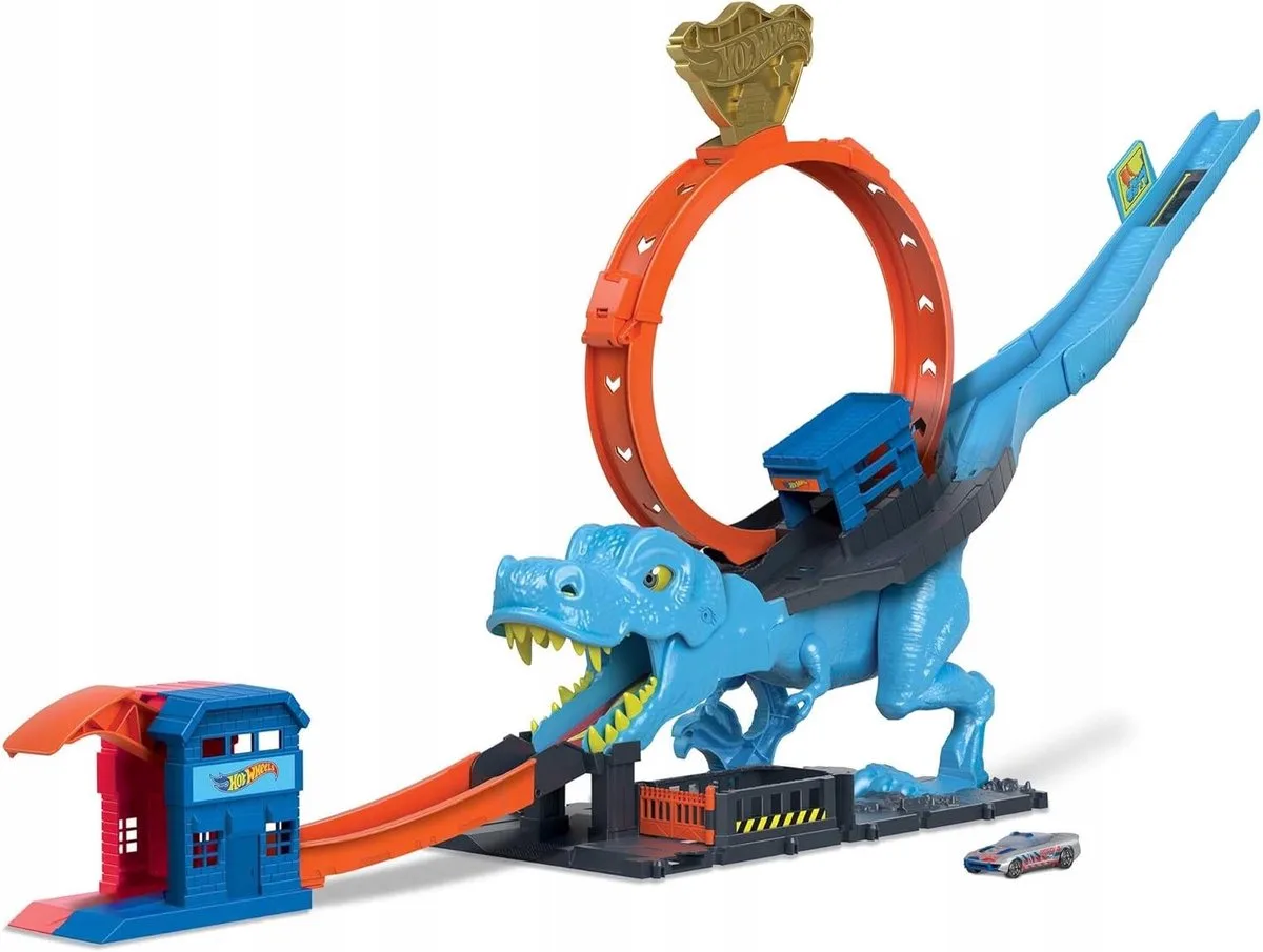 City T-Rex Loop Speelset met Grote Lus van Hot Wheels in Blauw – productfoto
