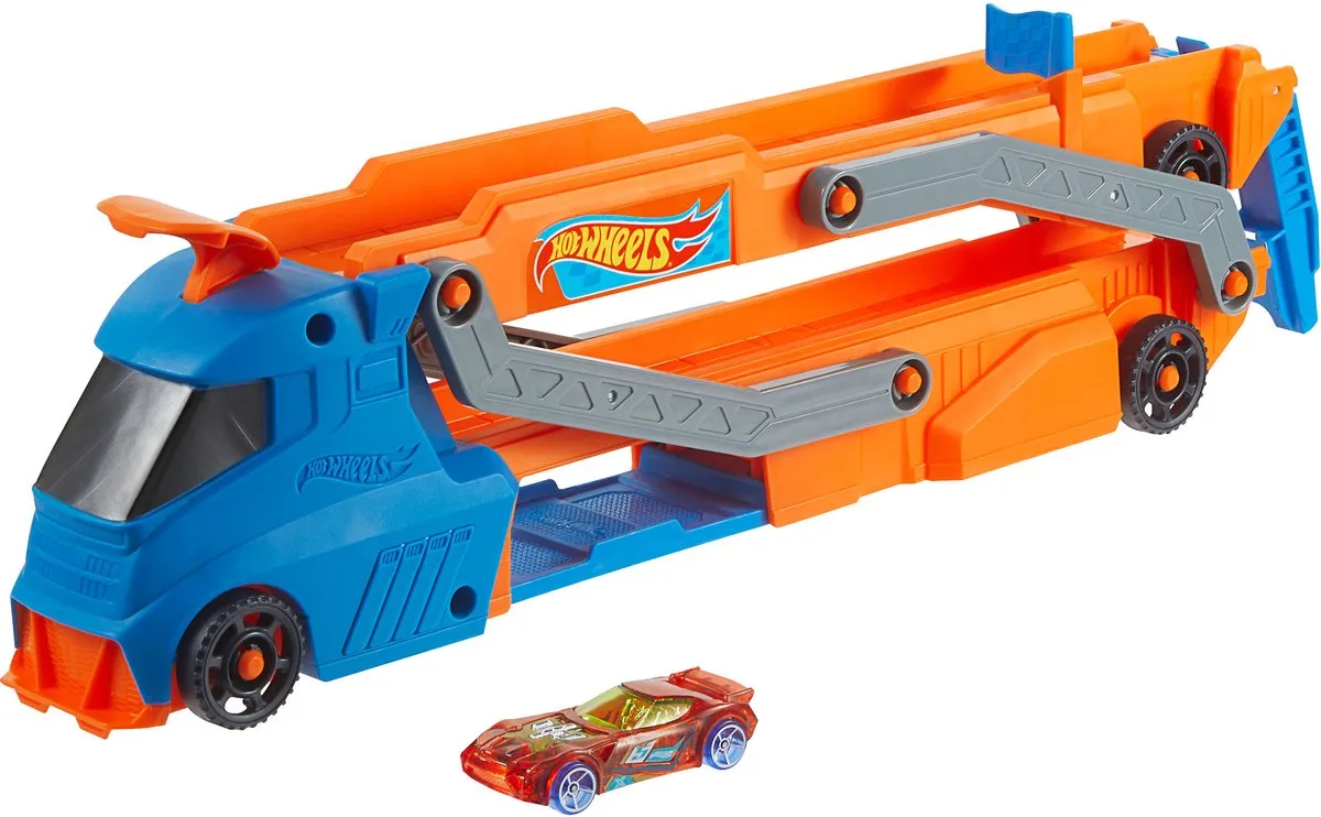 City Transporter met Racebaan - 9 Auto's & Launcher de Hot Wheels en Bleu, Orange – photo du produit