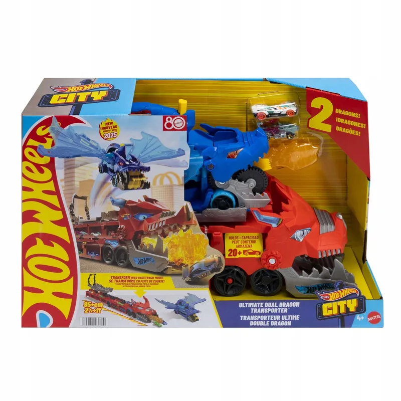 City - Ultieme Dubbele Draak Transportvoertuig en 2 speelgoedauto's by Hot Wheels in Multicolour – product photo