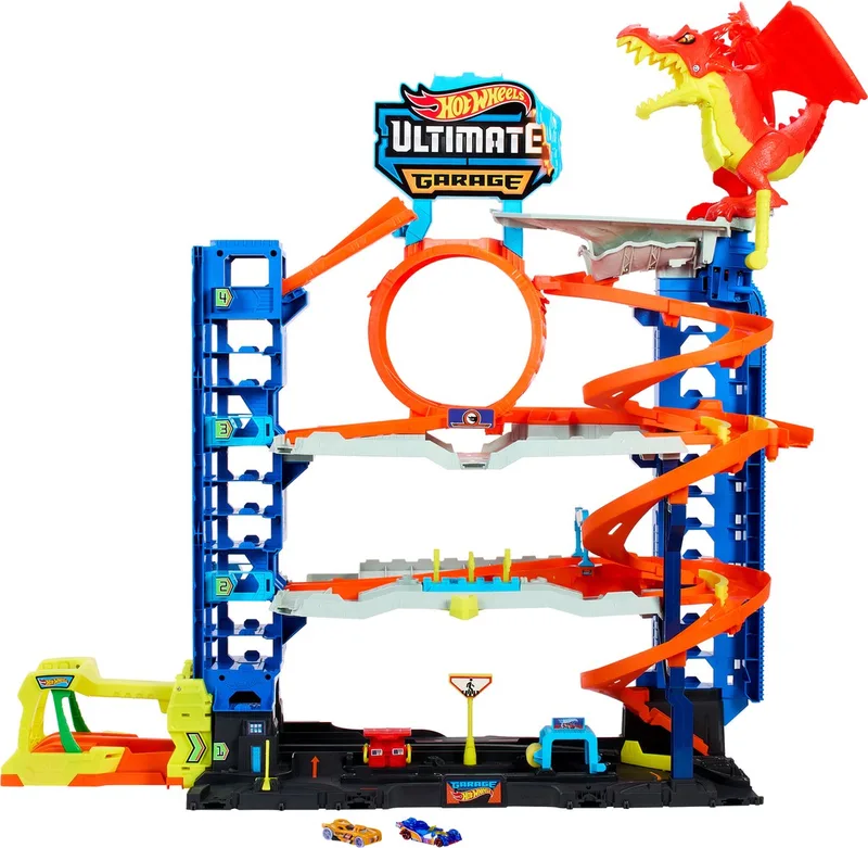 City Ultieme Garage Speelset - Met 2 metalen auto's fra Hot Wheels i Flerfarvet – produktbillede