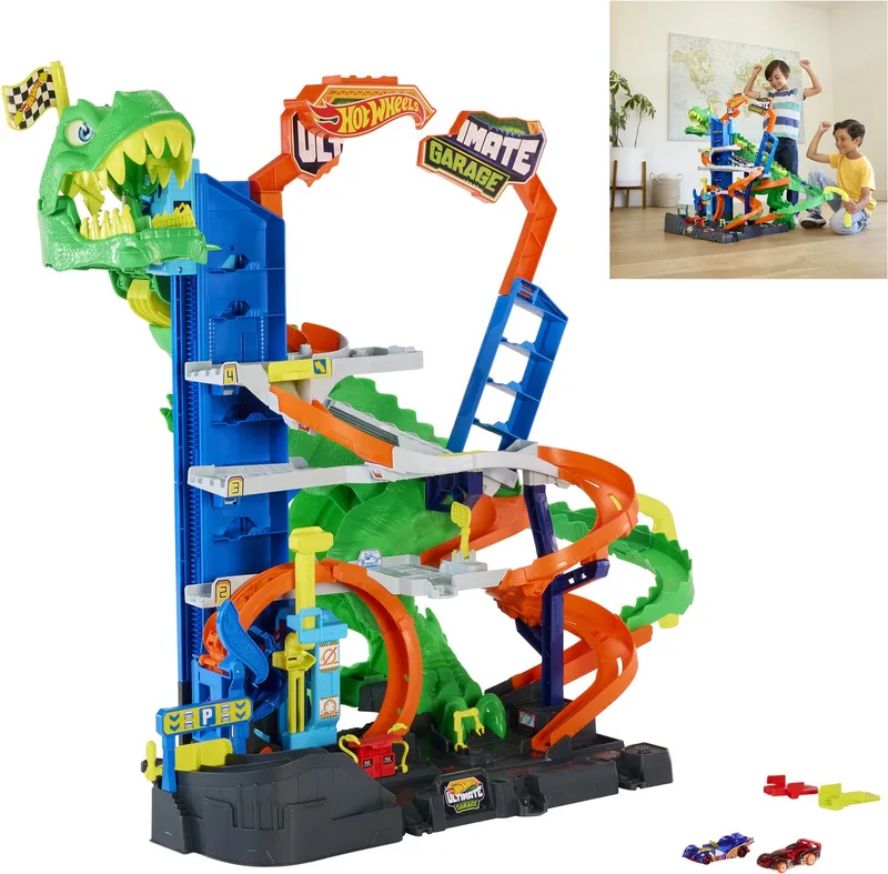 City Ultieme T-Rex Garage - met 2 speelgoedauto's en opbergruimte voor meer dan 50 auto's från Hot Wheels i Flerfärgad – produktbild
