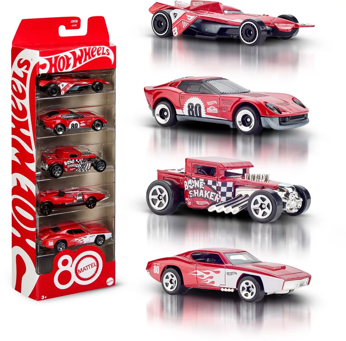 Core Mattel 80e Verjaardag 5-Pack Speelgoedauto's op Schaal 1:64 met Verzamelbare Decoratie van Hot Wheels in Rood, Wit – productfoto