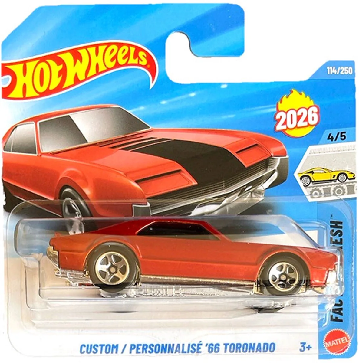CUSTOM (PERSONNALISE) '66 TORONADO OLDSMOBILE RED METALIC 114/250 HW FACTORY FRESH 4/5 SHORT CARD 2026 fra Hot Wheels i Metalic red – produktbillede