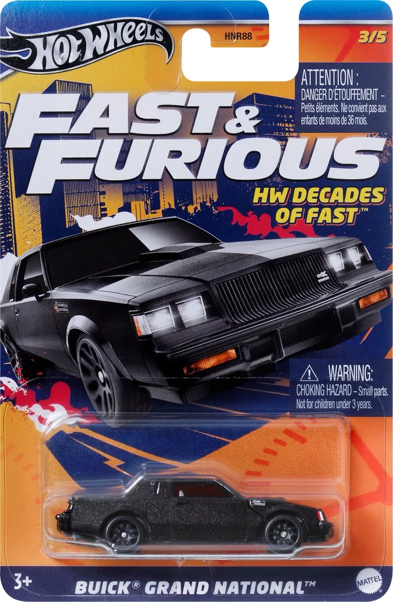Fast & Furious HRW43 Buick Grand National 3/5 speelgoedvoertuig van Hot Wheels in Zwart – productfoto