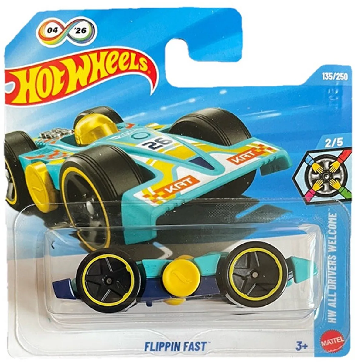 FLIPPIN FAST YELLOW TURQUOISE 135/250 HW ALL DRIVERS WELCOME 1:64 SHORT CARD 2026 by Hot Wheels in Yellow turquoise 26 – product photo