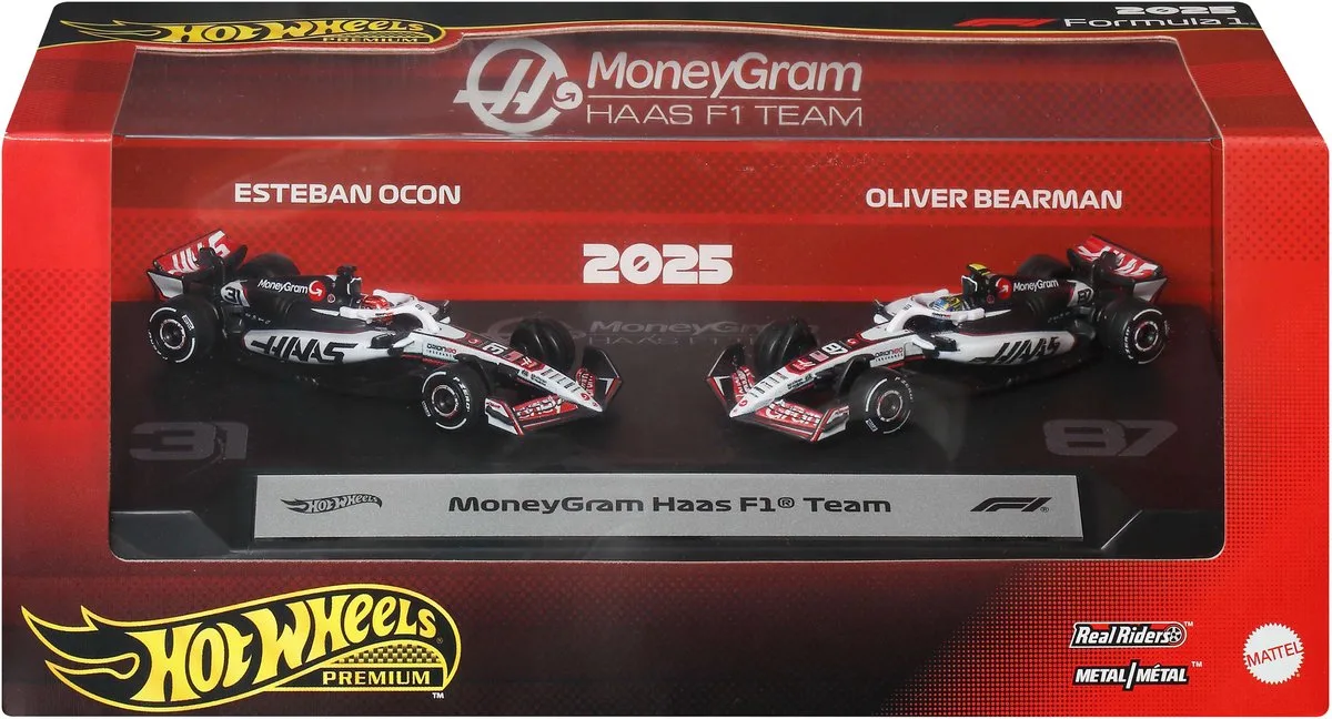 Formule 1 MoneyGram Haas F1 Team Set van 2 - Esteban Ocon en Oliver Bearman raceauto's von Hot Wheels in MoneyGram Haas F1 Team Esteban Ocon en Oliver Bearman – Produktfoto