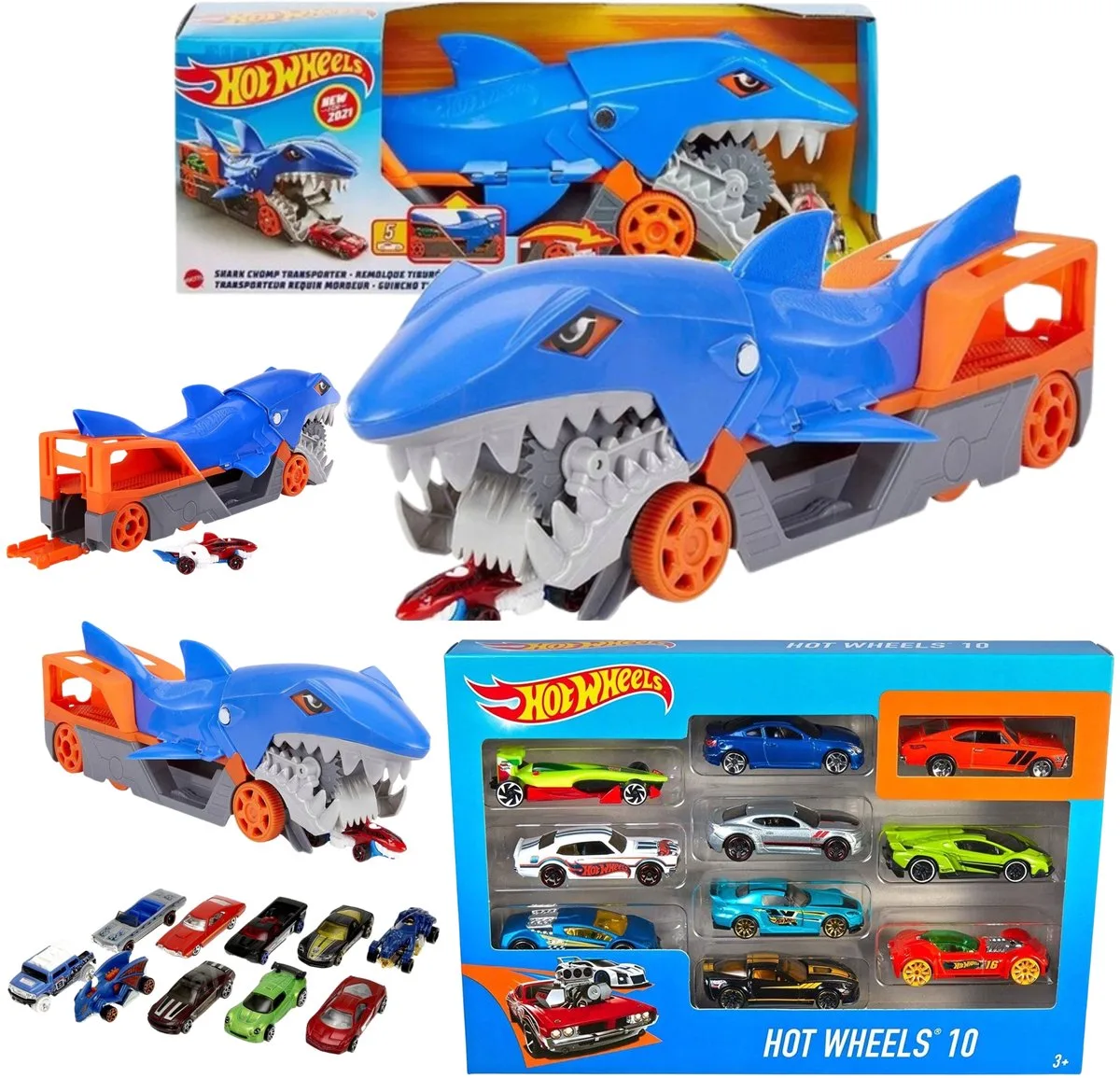 Haai Transporter met 10 Metalen Autootjes van Hot Wheels in Blauw – productfoto