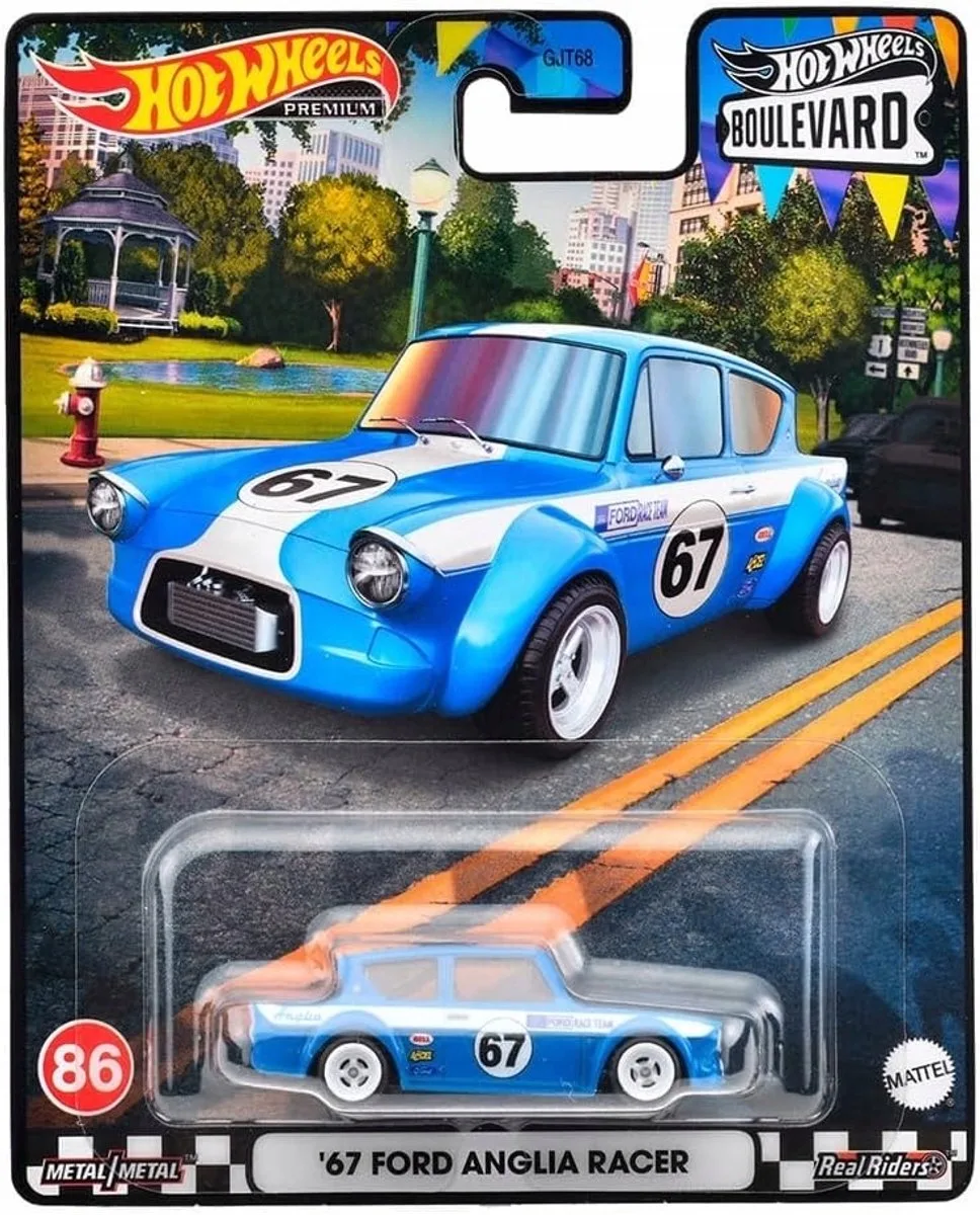HKF32 '67 Ford Anglia Racer speelgoedvoertuig by Hot Wheels in Blue, White – product photo
