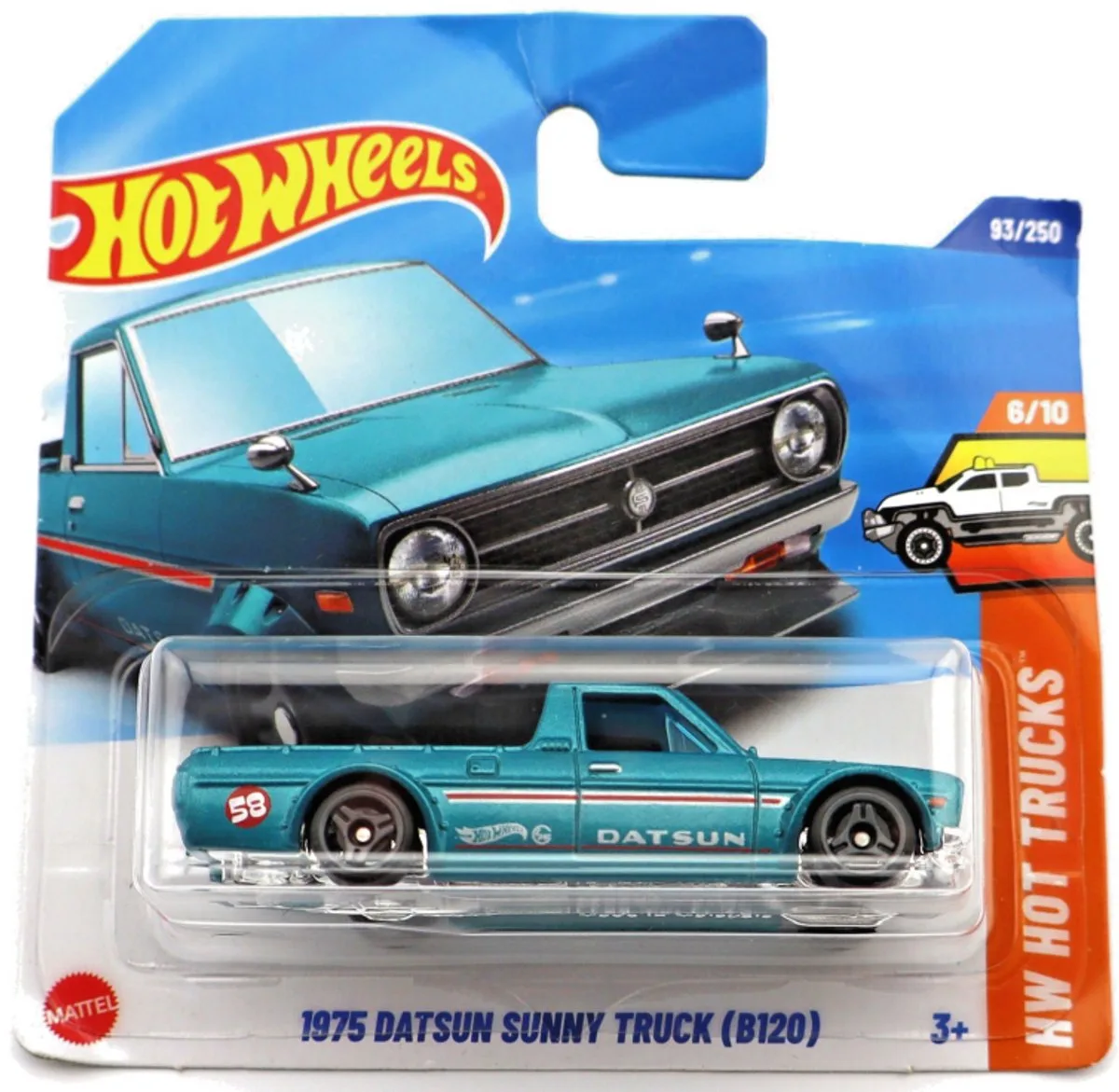 HOT WHEELS 1975 DATSUN SUNNY TRUCK 58 PICKUP 93/250 (1:64) HW HOT TRUCKS SHORT CARD de Hot Wheels en Turquoise – photo du produit