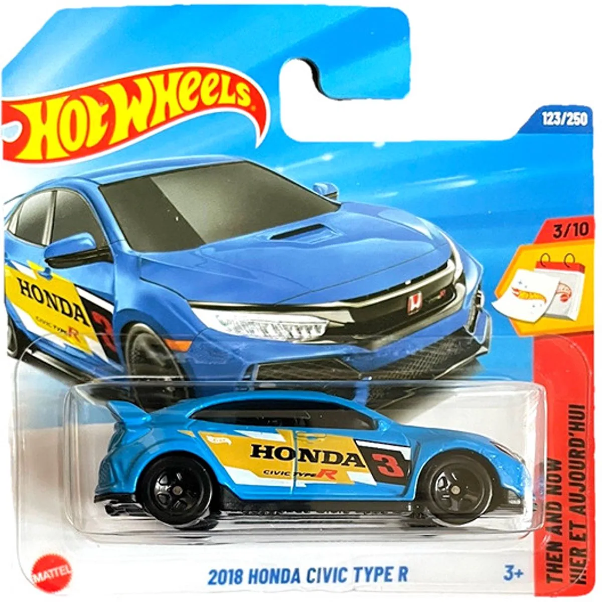 HOT WHEELS 2018 HONDA CIVIC TYPE R RACING BLUE 3 1:64 123/250 HW THEN AND NOW 3/10 SHORT CARD 2025 van Hot Wheels in Racing blue 3 – productfoto