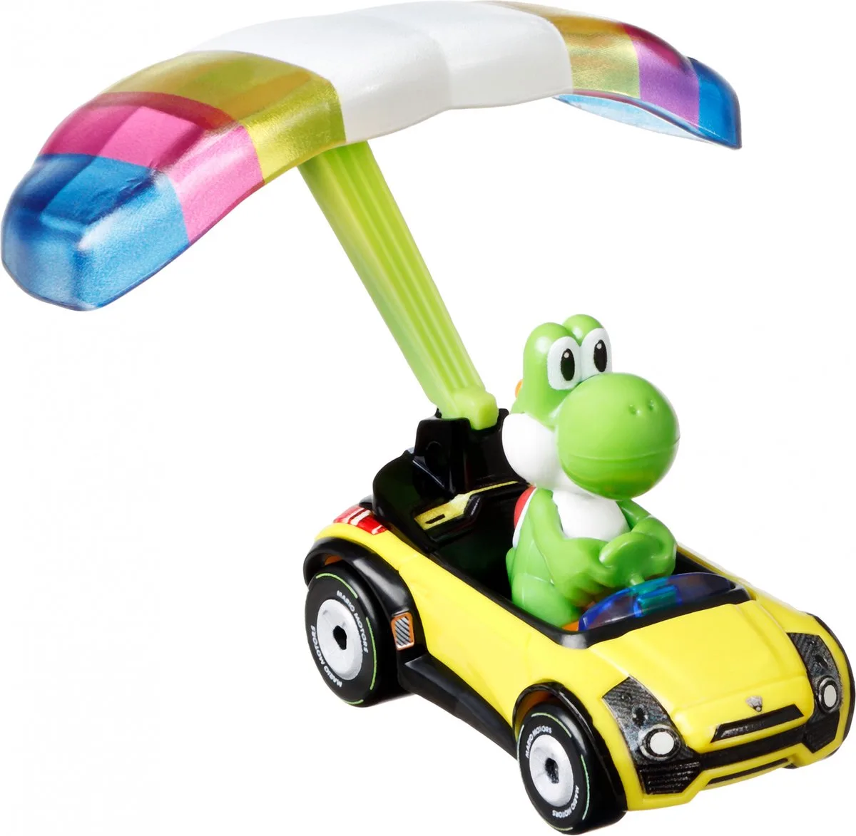 Mariokart - Yoshi - Sports Coupe + Parafoil - 1:64 van Hot Wheels in Geel – productfoto