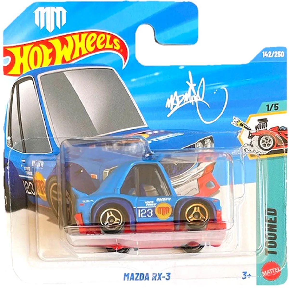 MAZDA RX-3 SIGNATURE MAD MIKE 142/250 HW TOONED 1/5 SHORT CARD 1:64 2026 från Hot Wheels i Blue red – produktbild