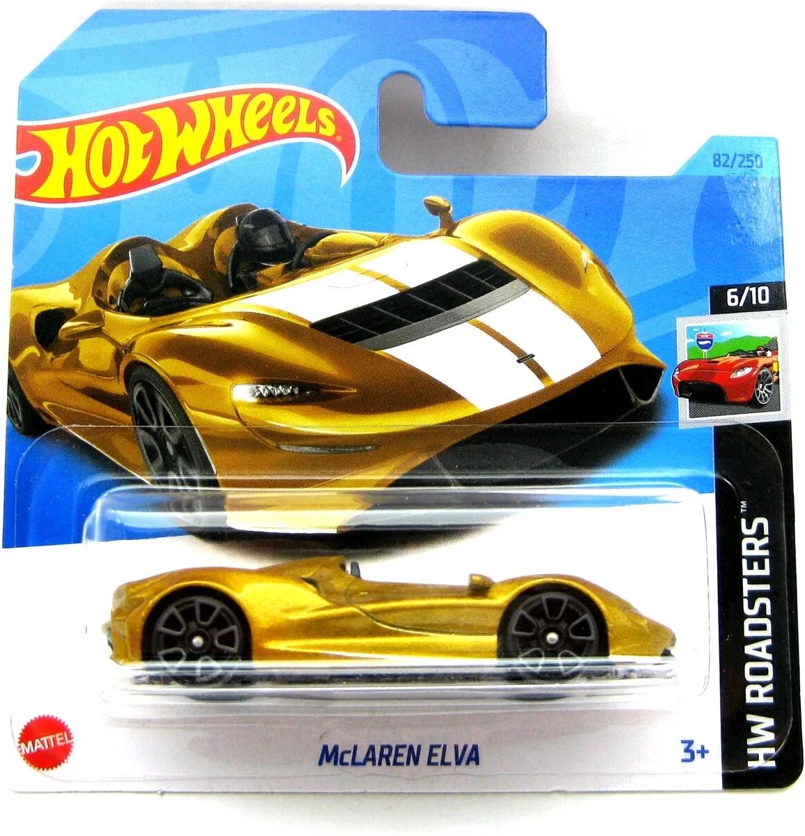 Mc LAREN ELVA 82/250 1:64 HW ROADSTERS 6/10 SHORD CARD 2023 van Hot Wheels in Goud – productfoto
