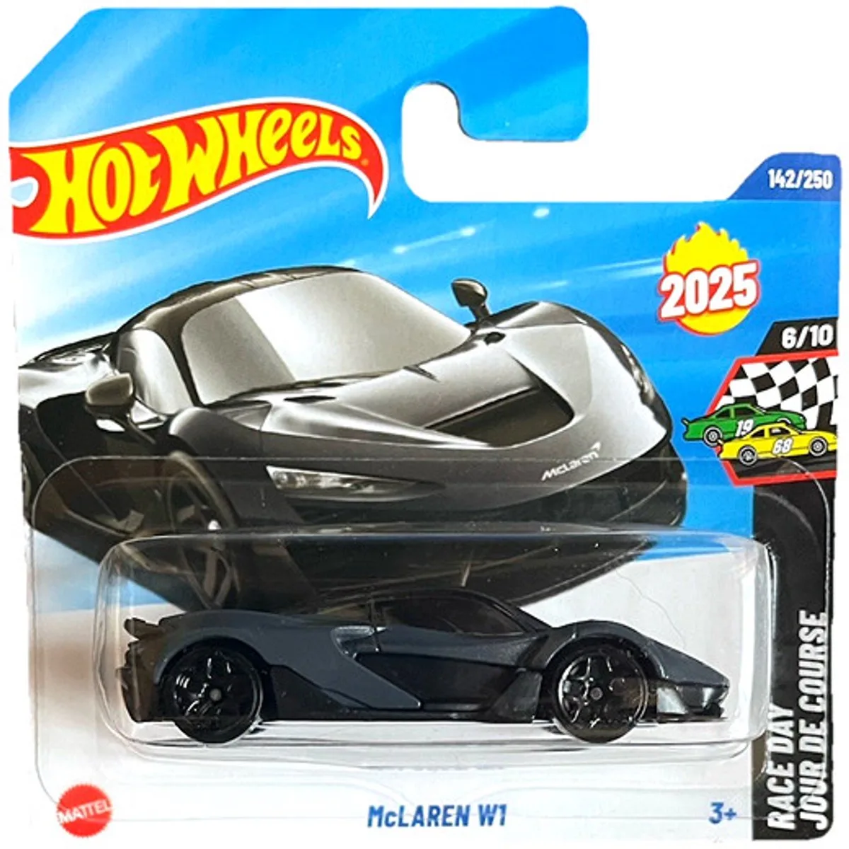 McLaren W1 142/250 HW RACE DAY JOUR DE COURSE 6/10 SHORT CARD 2025 van Hot Wheels in Grey mat – productfoto