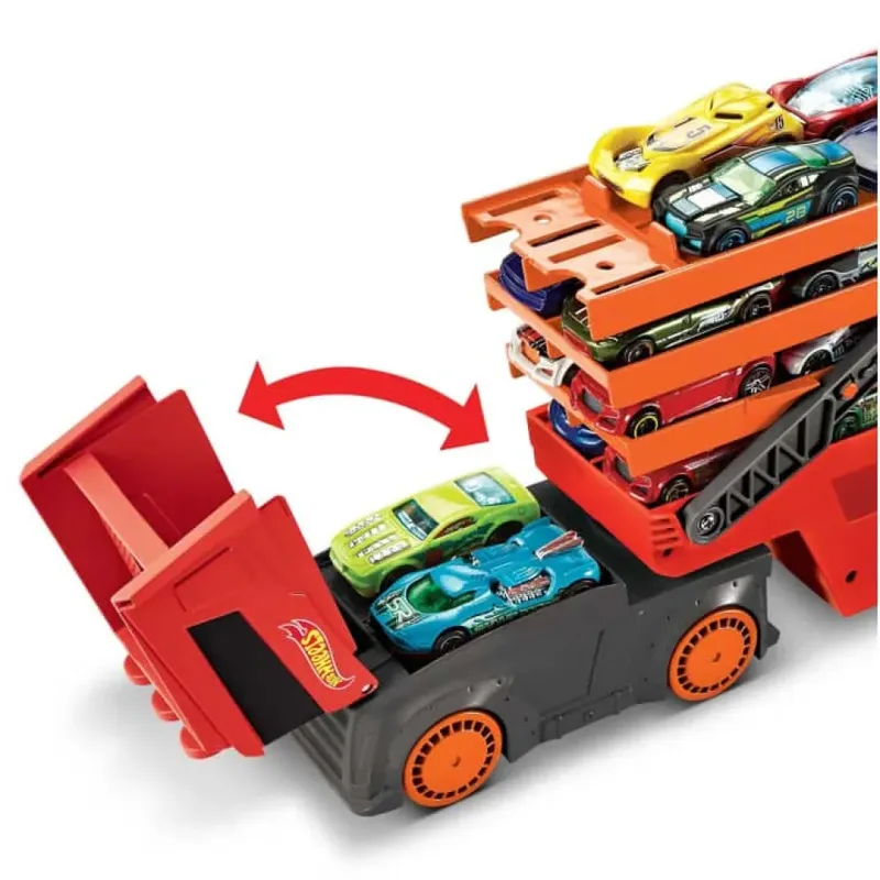 Mega Transporter Vrachtwagen - Schaal 1:64 von Hot Wheels in Orange, Rot – Produktfoto 4 von 6