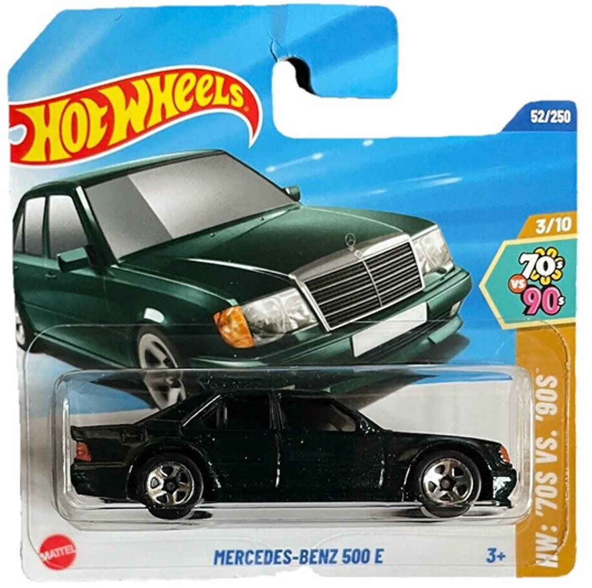 MERCEDES-BENZ 500 E 52/250 HW '70 VS '90S 3/10 SHORT CARD 2025 van Hot Wheels in Green metalic – productfoto