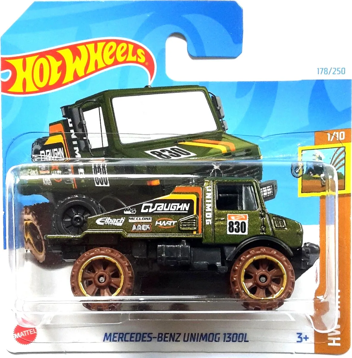 MERCEDES BENZ UNIMOG 1300L 178/250 1:64 HW DIRT 1/10 van Hot Wheels in Groen, Goud – productfoto