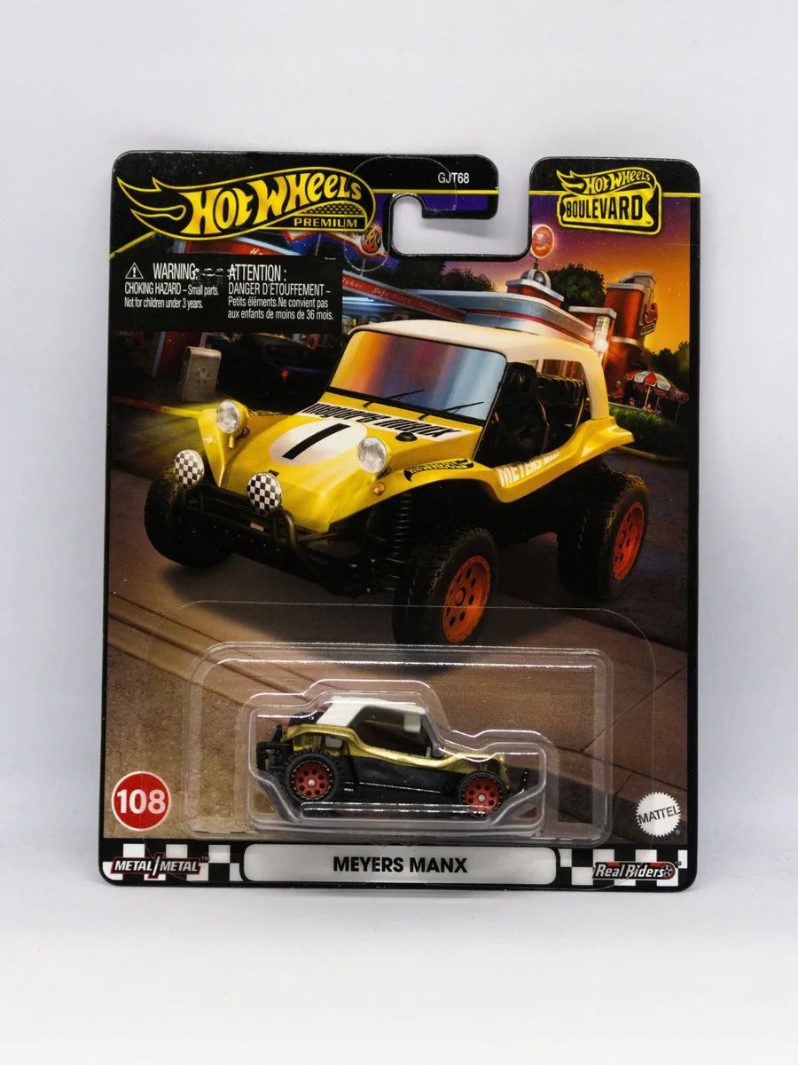 Meyers Manx Geel PREMIUM BOULEVARD #108 Collectible från Hot Wheels i Svart, Guld, Vit – produktbild