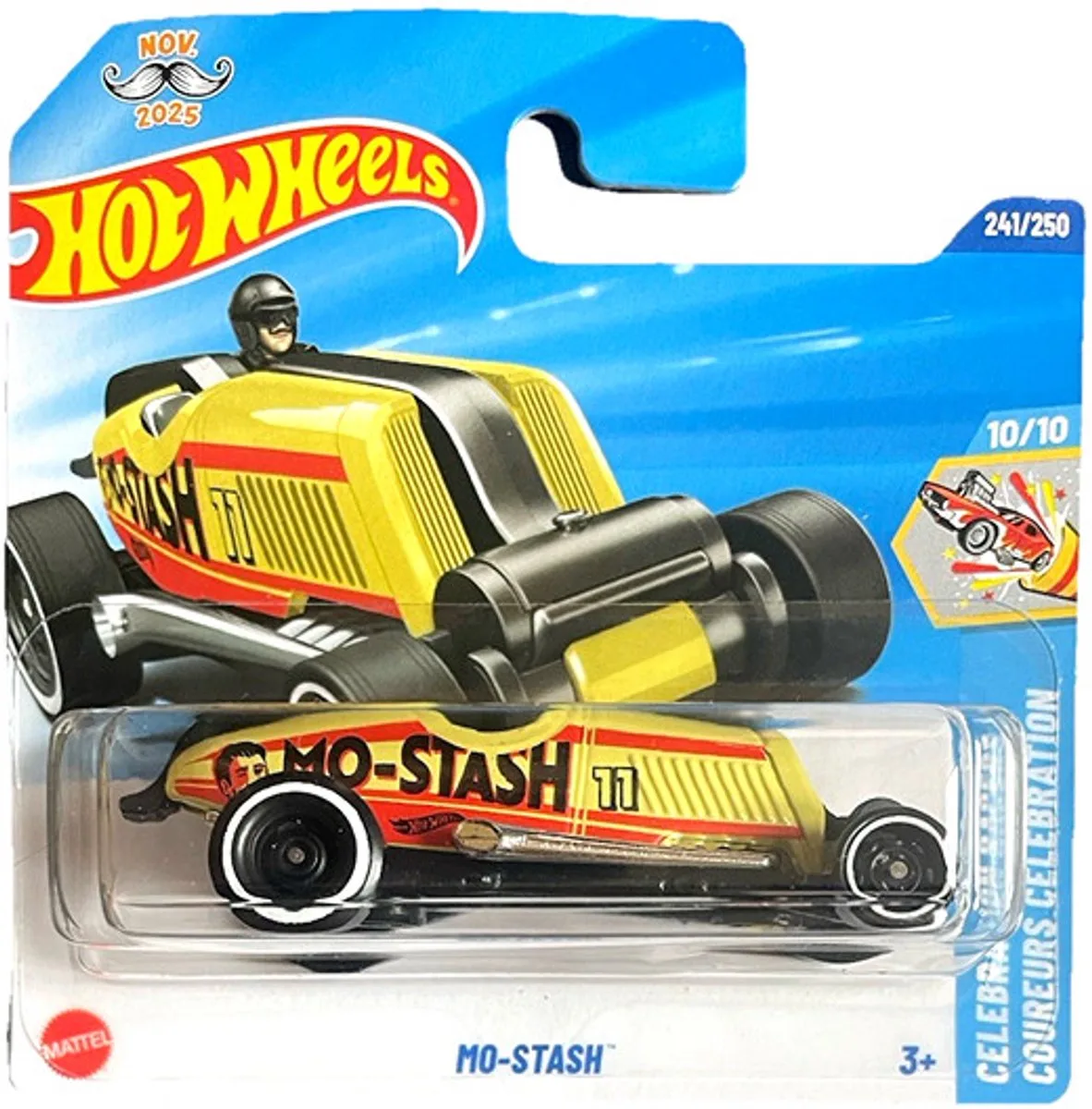 MO TASH MUSTACHE RACER 241/250 1:64 34/250 HW CELEBRATION RACERS 10/10 SHORT CARD 2026 by Hot Wheels in Vanille red – product photo