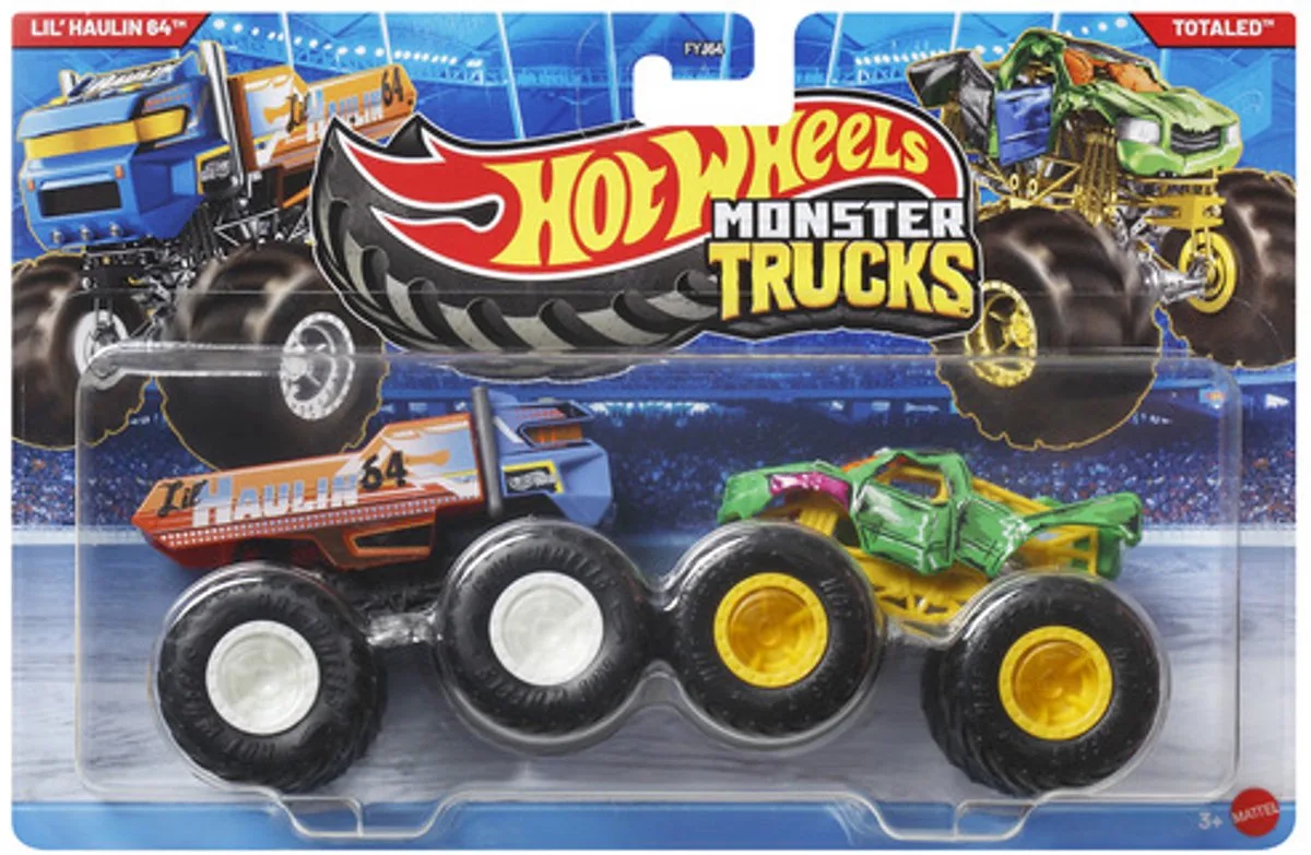 Monster Jam truck 2-pack - Lil' Haulin 64 & Totaled - monstertrucks 9 cm schaal 1:64 van Hot Wheels in Meerkleurig – productfoto