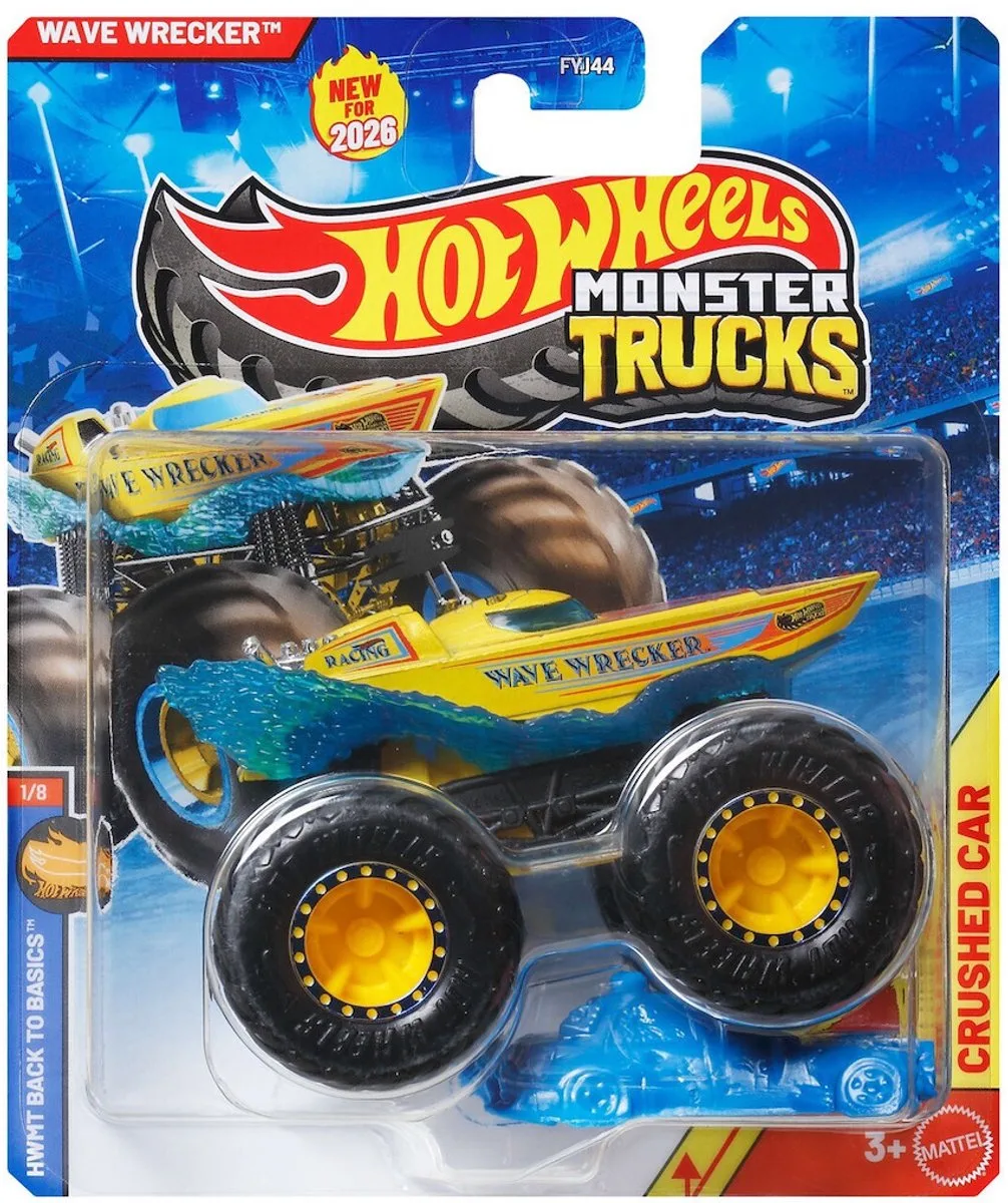 Monster Jam truck Wave Wrecker - monstertruck 9 cm schaal 1:64 van Hot Wheels in Blauw – productfoto