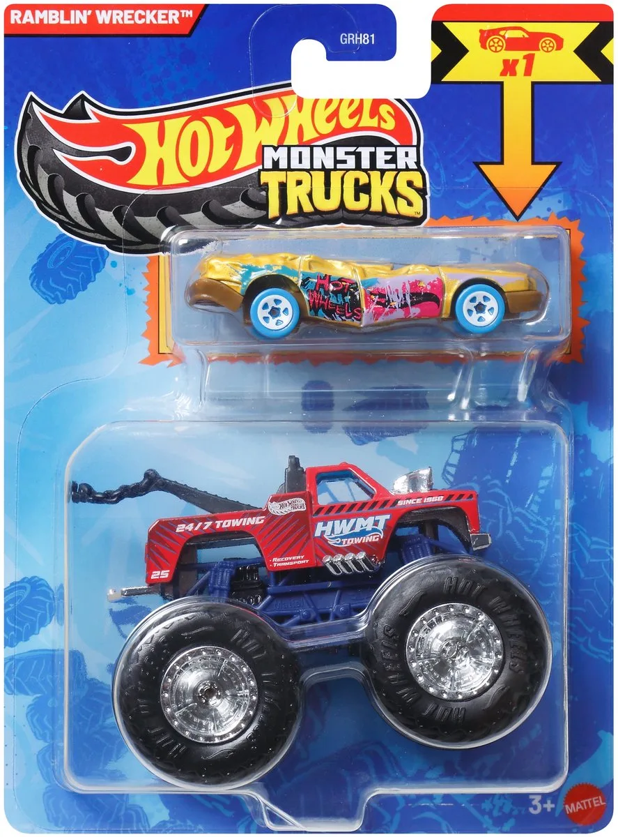 Monster Trucks Auto - Ramblin Wrecker 2-delig inclusief kleine auto de Hot Wheels en Rouge, Jaune – photo du produit