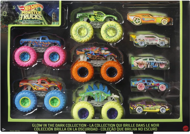 Monster Trucks set met 10 speelgoedvoertuigen die licht geven in het donker by Hot Wheels in Multicolour – product photo